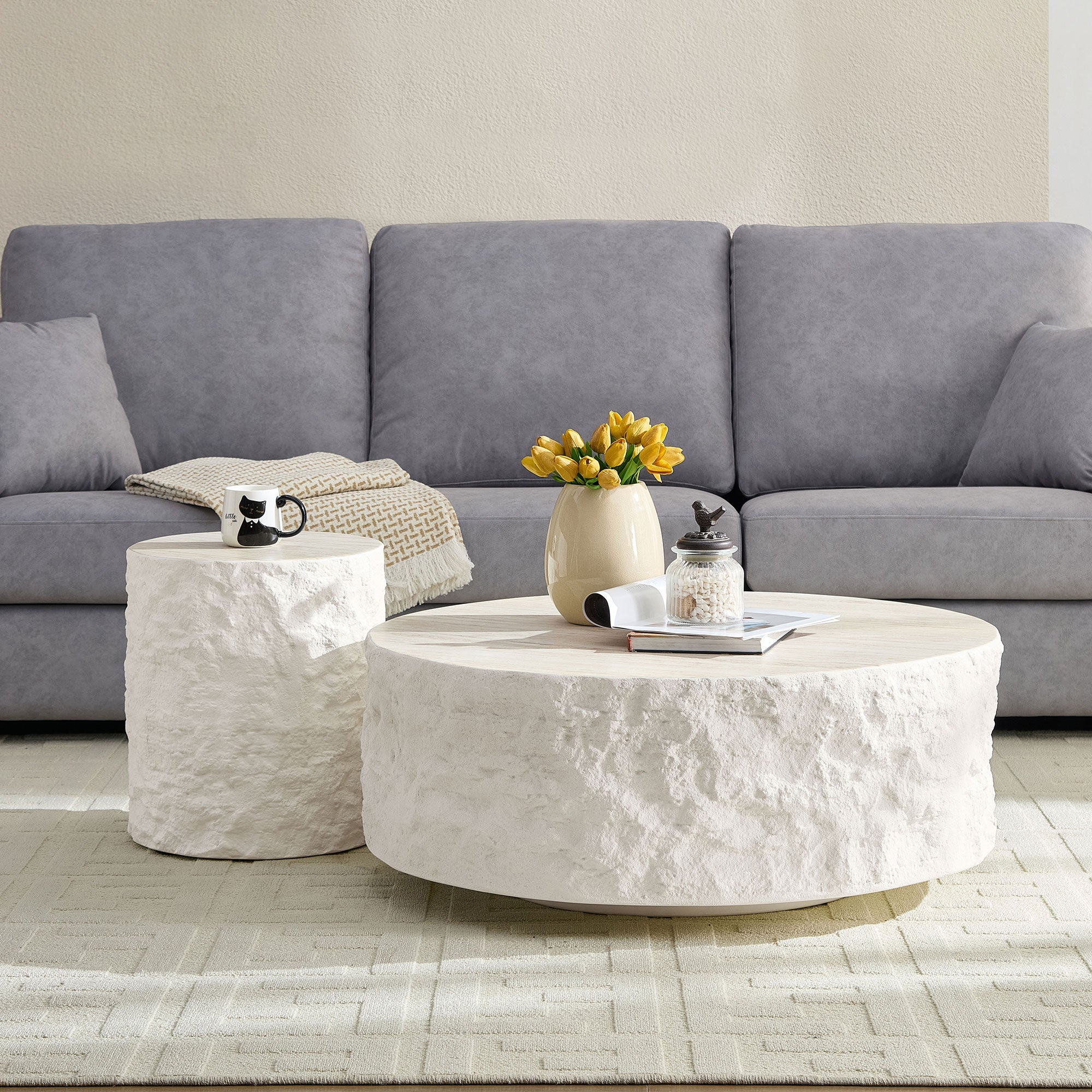 35.43''Fiberglass Round Center Coffee Table Set For Living Room Vintage Table,Imitation Stone Table Front Of The Sofa,Modern Design Coffee Table For Office,Apartment,No Need Assembly