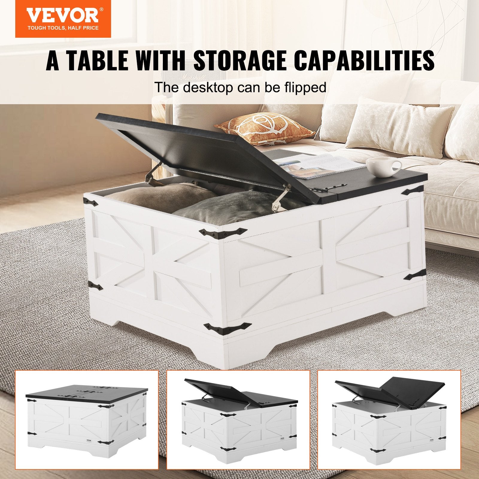 31.5" Farmhouse Coffee Table, Hinged Square Coffee Table With Large Storage Compartment, Wooden Rustic Cocktail Table For Living Room, Bedroom, Apartment, Studio, Gray & White